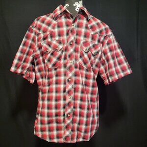 Men's Retro Modern Fit Short Sleeve Snap Plaid Shirt Size L